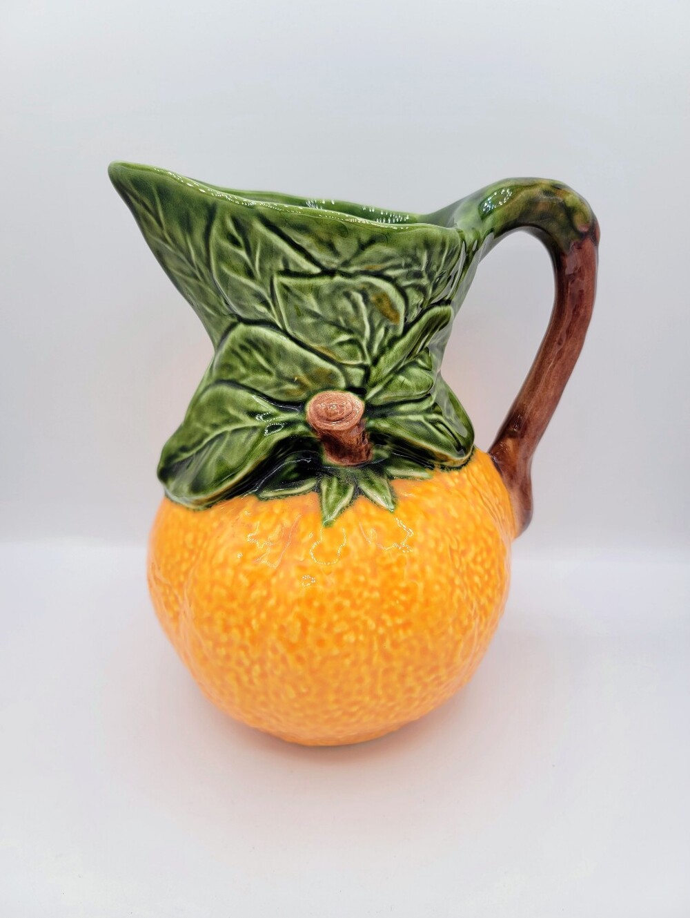 Olfaire Portugal Orange Pitcher Majolica Fruit Pottery Leaf Branch Handle VTG